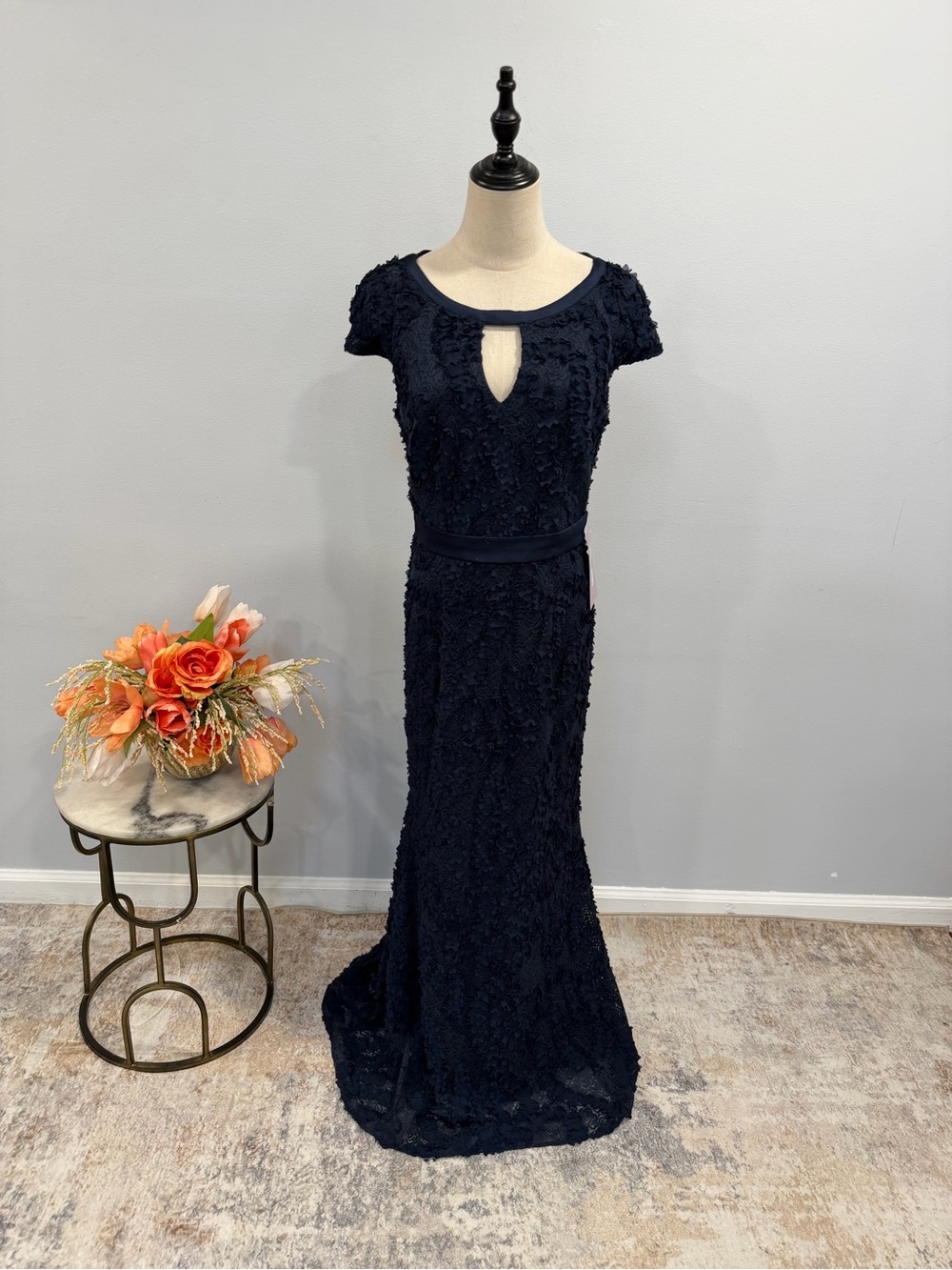 JS Collection Elegant Navy Blue Lace Detailed Cap-Sleeve Formal Evening Gown